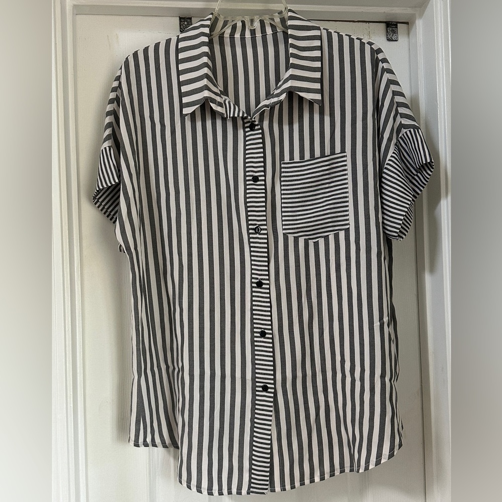Striped Short Sleeved Button Down Top